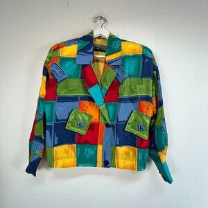 Linda Allard Ellen Tracy Womens Colorful Geometric Silk Blazer Jacket Size 4
